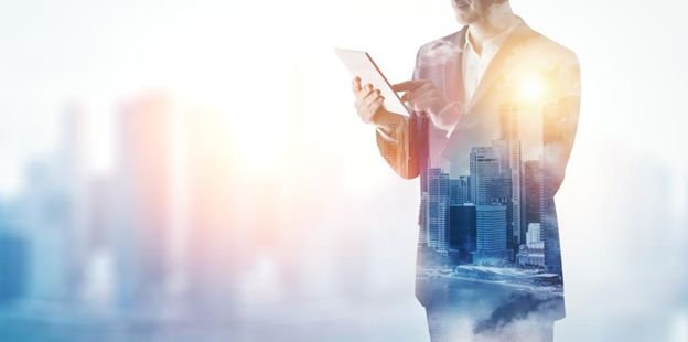 image of figure with a fated city line